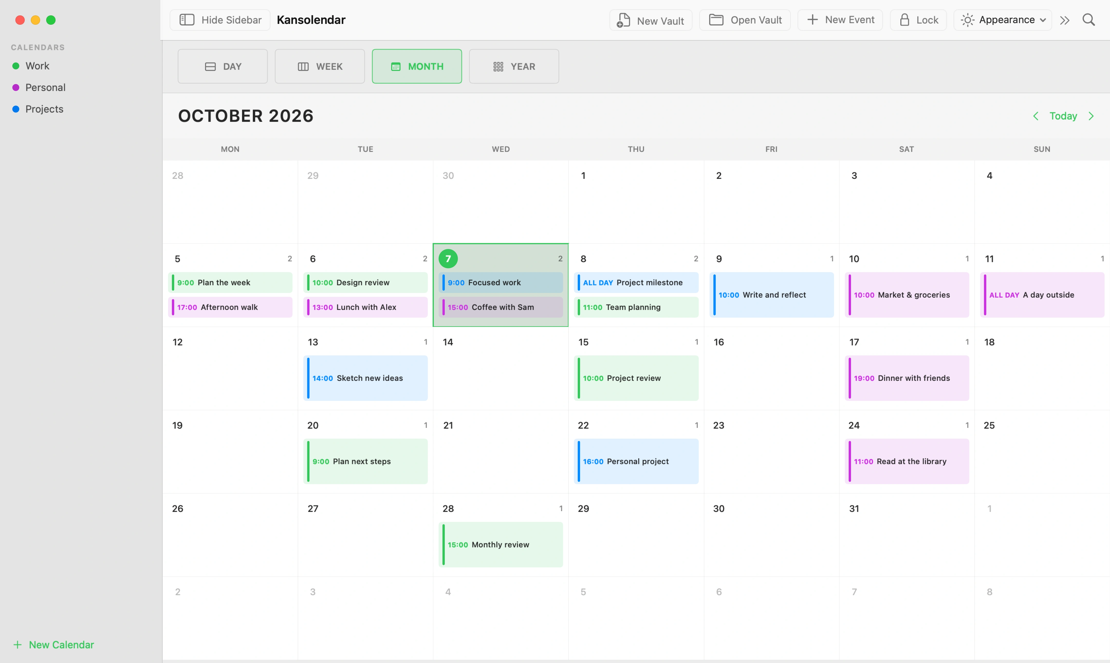 Kansolendar month view with Work, Personal and Projects calendars and timed and all-day sample events.
