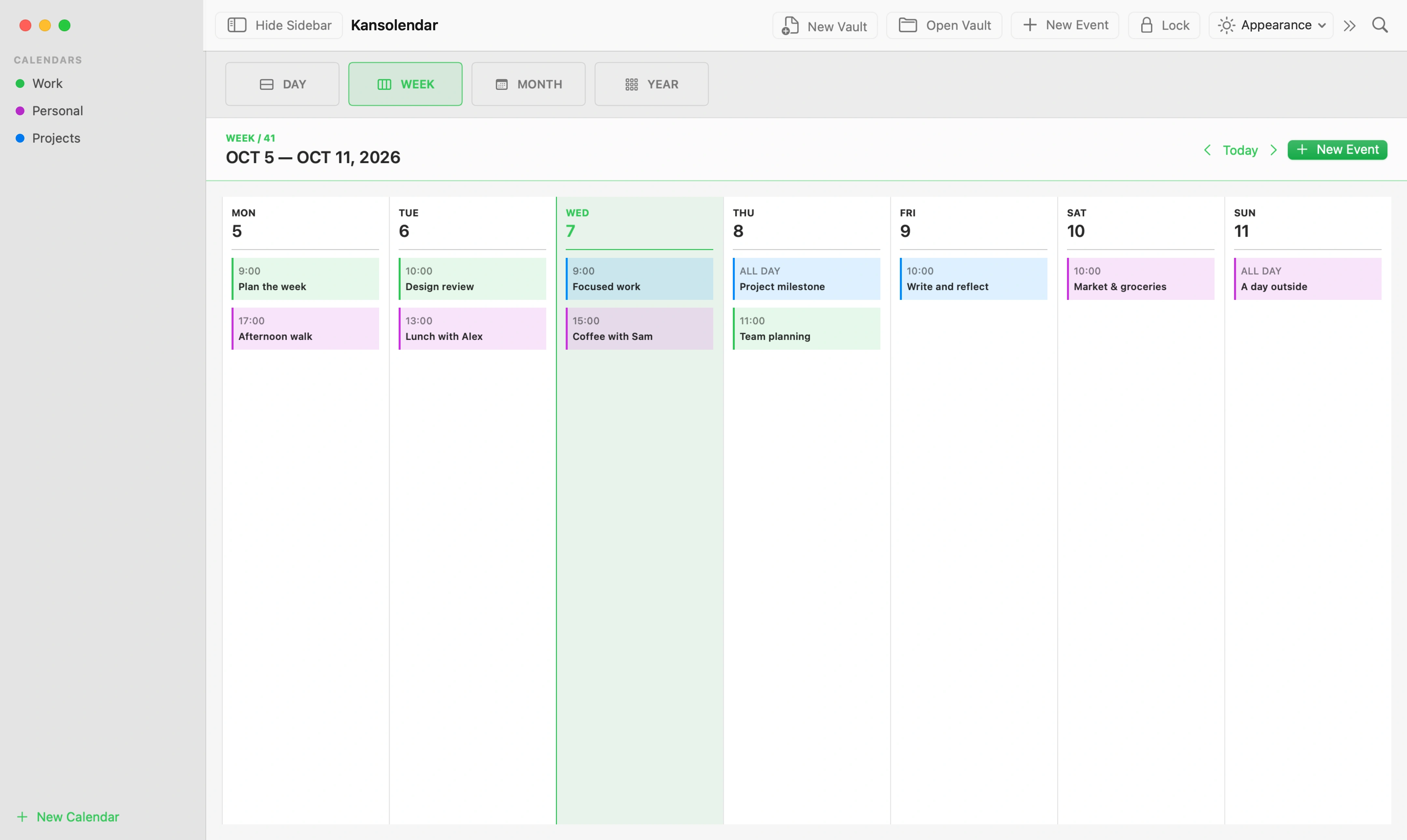 Kansolendar week view with a varied sample schedule from October 5 to 11.