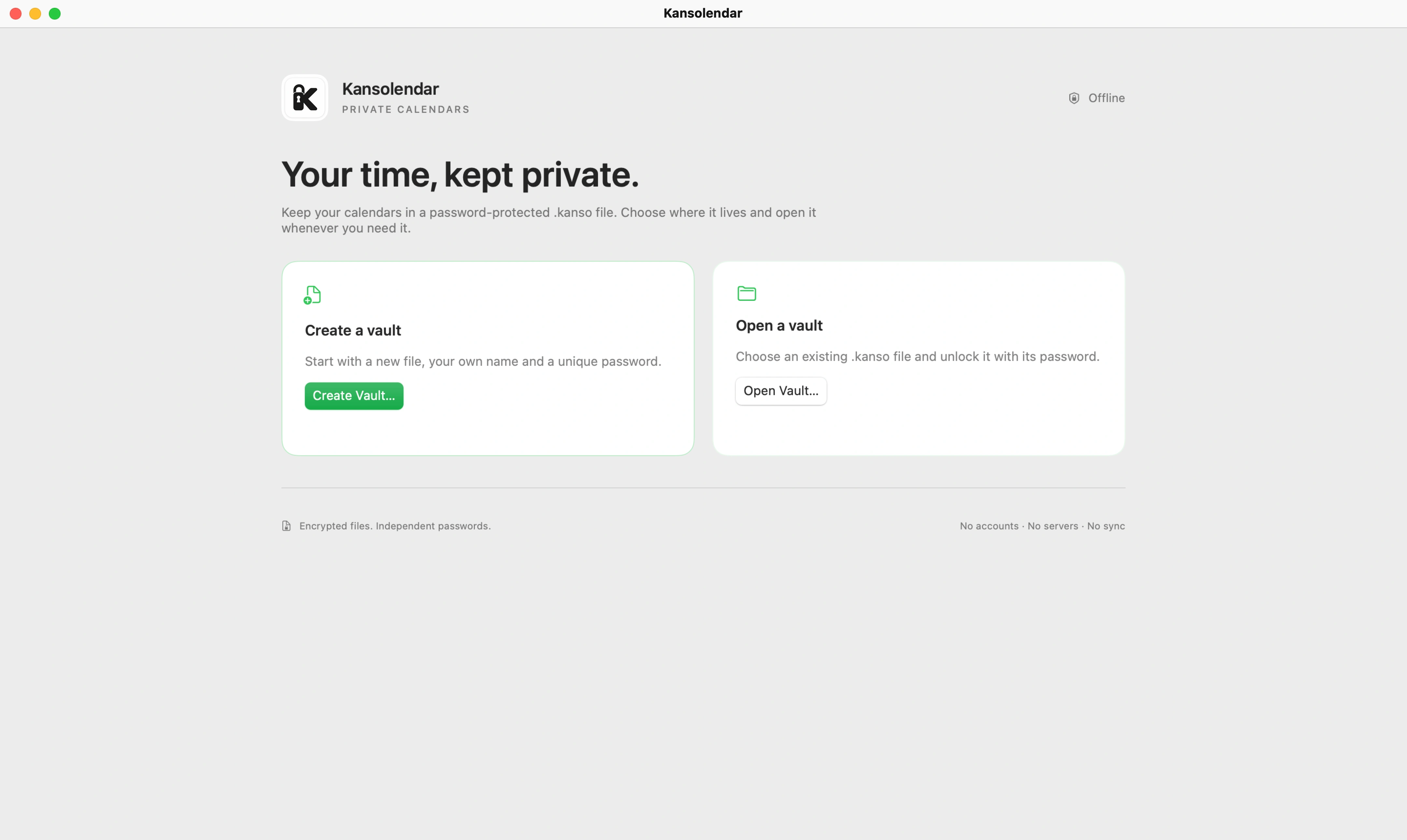 Kansolendar start screen for creating or opening a calendar.